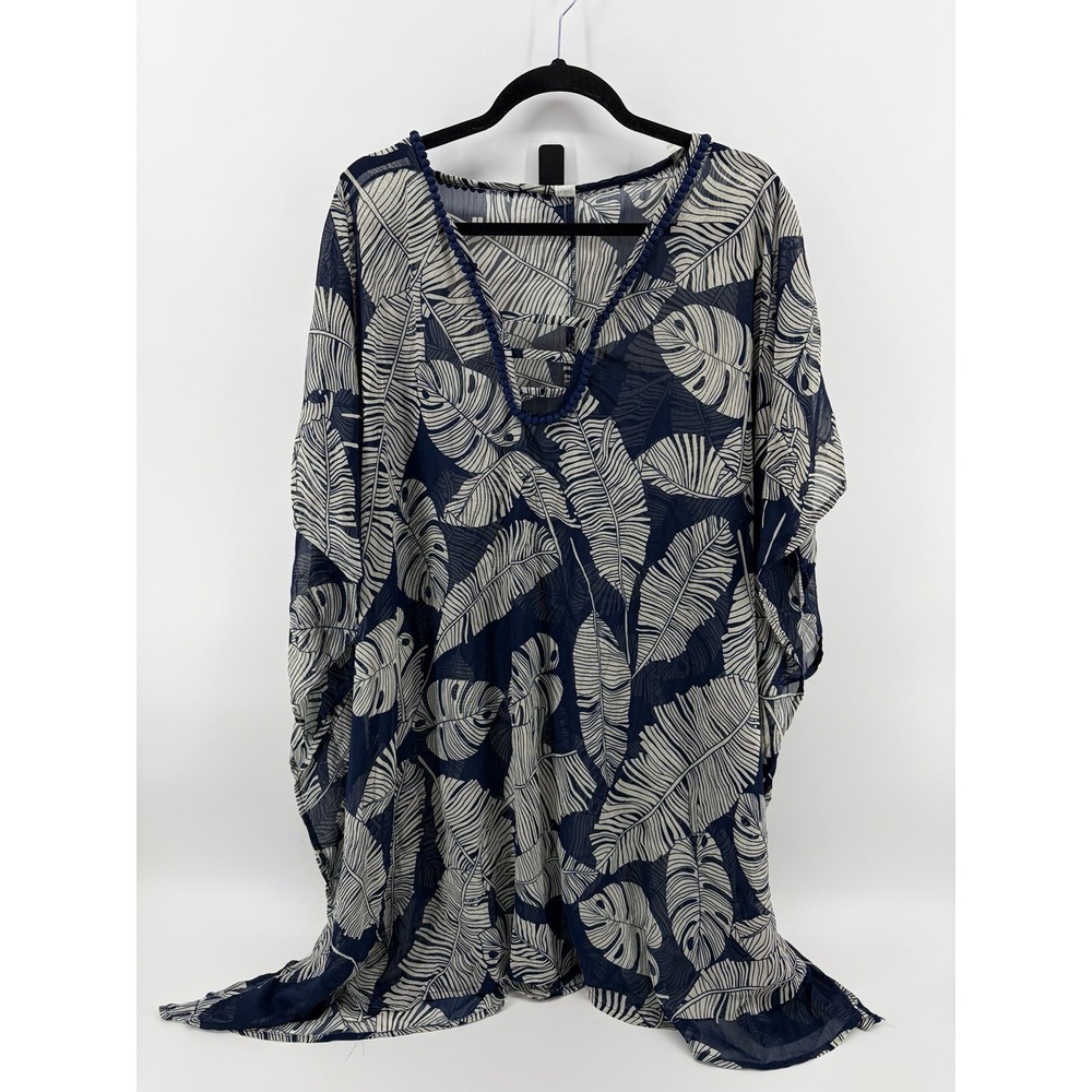 Sonnet Shores, Navy/White Palm Leaf Print, Swimsuit Cover-Up, V-neck, Women's 3X